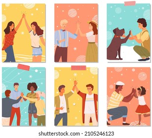 People giving high five, standing with hands together. Men and women greeting each other. Cartoon characters give five and rejoice. Happy team, colleagues during greeting isolated on white background