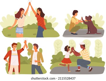 People giving high five, standing with hands together. Men and women greeting each other. Cartoon characters give five and rejoice. Happy team, colleagues during greeting isolated on white background