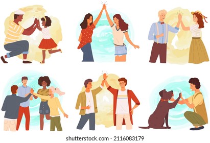 People giving high five, standing with hands together. Men and women greeting each other. Cartoon characters give five and rejoice. Happy team, colleagues during greeting isolated on white background