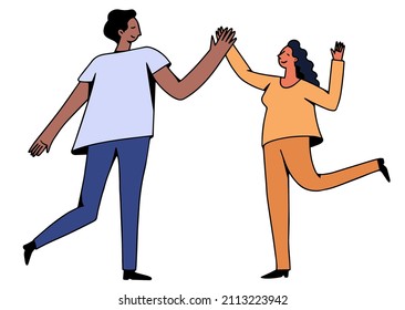 People giving high five. Two characters gesturing together. Couple or family or friends partying. Cheerful man and woman happy of results, different nations informal greeting. Vector illustration