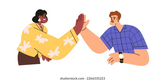 Gente dando un gesto de apoyo a las altas cinco. Mujeres y hombres aplaudiendo, felicitaciones con éxito. Cooperación, concepto de asociación. Ilustración vectorial gráfica plana aislada en fondo blanco