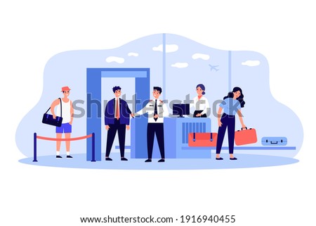 People giving luggage for checking in airport concept. Passengers and tourists walking through metal detection gate way. Vector illustration for travel, transportation, security concept