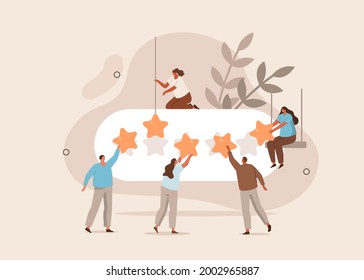 People сharacters giving positive five star feedback. Clients choosing satisfaction rating. Customer service and user experience concept. Flat cartoon vector illustration.