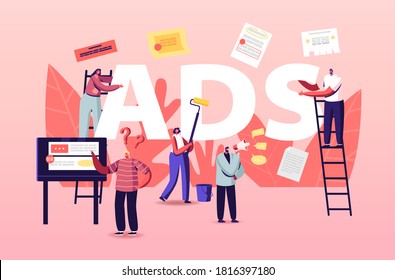 People Giving and Reading Ads Concept. Characters Sticking Paper Flyers with Announcement or Advertising Posters on Special Bulletin Board, Yelling in Loudspeaker. Cartoon Banner Vector Illustration