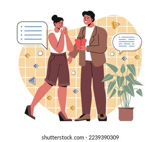 People giving and receiving gift. Young man in love holds gift box and arranges surprise for his girlfriend. Couple on romantic date. Character holding present. Cartoon flat vector illustration