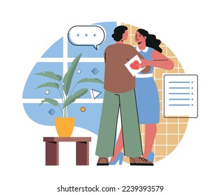 People giving and receiving gift. Young happy man makes surprise to his girlfriend or wife. Character gives present on romantic date. Smiling couple or family hugging. Cartoon flat vector illustration