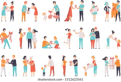 People giving and receiving gifts set, men, women and kids celebrating holidays vector Illustrations on a white background