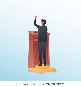 people giving speeches at the podium and stamping gold coins under their shoes metaphor of corruption and chairperson. Business vector concept illustration.