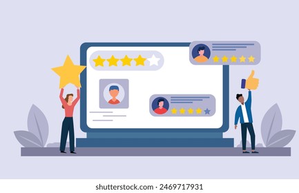 People giving  star feedback and choosing satisfaction rating on computer site . Customer review rating and feedback concept. Flat vector illustration.