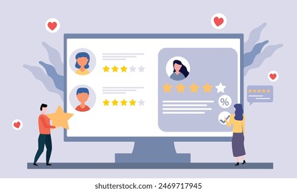 People giving  star feedback and choosing satisfaction rating on computer site . Customer review rating and feedback concept. Flat vector illustration.
