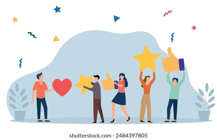 People giving  star and like feedback and choosing satisfaction rating. people holding big stars and like thumb. Customer review rating and feedback concept. Flat vector illustration.