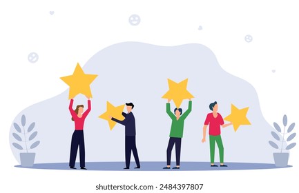 People giving  star and like feedback and choosing satisfaction rating. people holding big stars and like thumb. Customer review rating and feedback concept. Flat vector illustration.