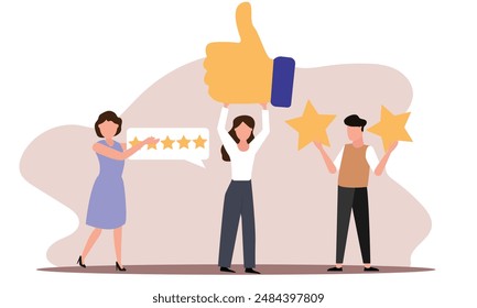 People giving  star and like feedback and choosing satisfaction rating. people holding big stars and like thumb. Customer review rating and feedback concept. Flat vector illustration.