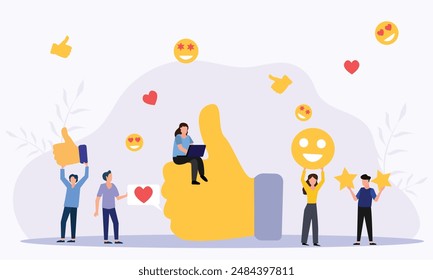 People giving  star and like feedback and choosing satisfaction rating. people holding big stars and like thumb. Customer review rating and feedback concept. Flat vector illustration.