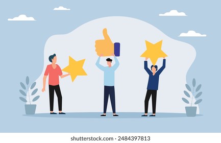 People giving  star and like feedback and choosing satisfaction rating. people holding big stars and like thumb. Customer review rating and feedback concept. Flat vector illustration.