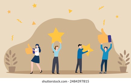 People giving  star and like feedback and choosing satisfaction rating. people holding big stars and like thumb. Customer review rating and feedback concept. Flat vector illustration.