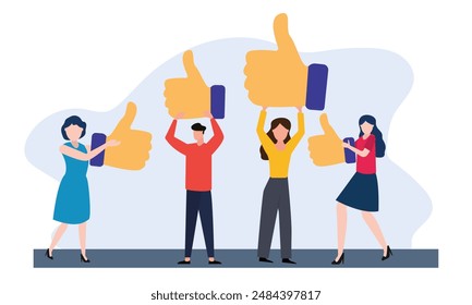 People giving  star and like feedback and choosing satisfaction rating. people holding big stars and like thumb. Customer review rating and feedback concept. Flat vector illustration.