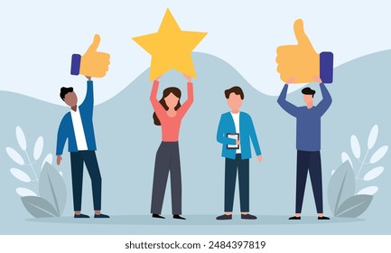 People giving  star and like feedback and choosing satisfaction rating. people holding big stars and like thumb. Customer review rating and feedback concept. Flat vector illustration.