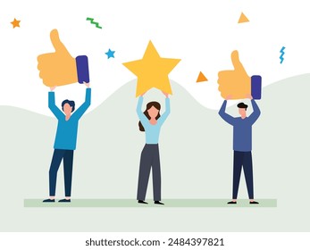 People giving  star and like feedback and choosing satisfaction rating. people holding big stars and like thumb. Customer review rating and feedback concept. Flat vector illustration.