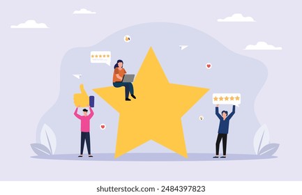 People giving  star and like feedback and choosing satisfaction rating. people holding big stars and like thumb. Customer review rating and feedback concept. Flat vector illustration.