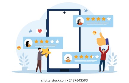 People giving  stars and likes feedback and choosing satisfaction rating on mobile site and application . Customer review rating and feedback concept. Flat vector illustration.