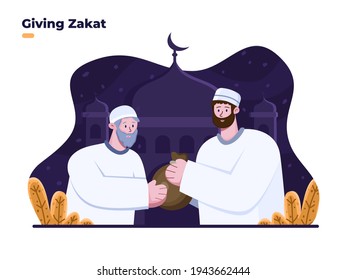 People giving zakat to old man at ramadan month. Give charity to the other person. Almsgiving illustration. Giving food or zakat to people. Zakat for poor people. Ramadan month activities. eid al fitr