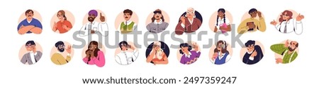 People in glasses, avatars set. Diverse characters wearing spectacles, eyeglasses. Men and women looking through eyewear for bad eyesight. Flat vector illustration isolated on white background