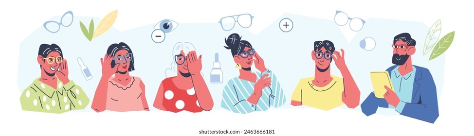 People with glasses for ophthalmology and LASIK eye surgery, eye sight improvement concept vector illustration. People with glasses for ophthalmology and optometry, microsurgery, eye surgery.