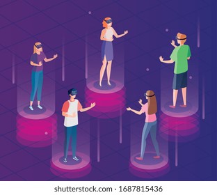 people with glasses of reality augmented technology vector illustration design