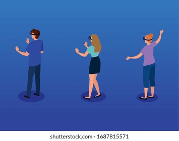 people with glasses of reality augmented technology vector illustration design