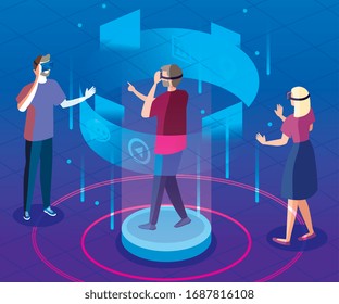 people with glasses of reality augmented technology vector illustration design