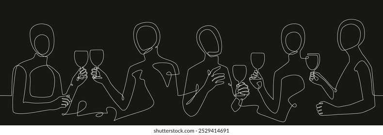 Personas con gafas. Patrón sin fisuras que se repiten horizontalmente con arte lineal abstracto sobre tema de vino. Elemento gráfico de Vector para el fondo, borde, decoración.