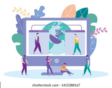 People in Glasses Virtual Reality on Background Monitor. Distance Learning. Lesson Online. E-Learning. Men Talking Phone. White Background. New Electronic Technologies. Vector Illustration.