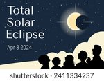 People in glasses watching solar eclipse. Hand drawn vector banner design. 