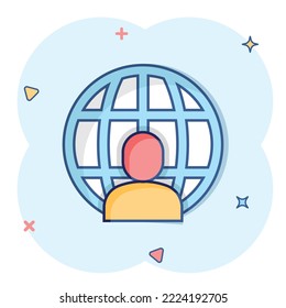 People global icon in comic style. World communication cartoon vector illustration on white isolated background. Cooperation splash effect business concept.