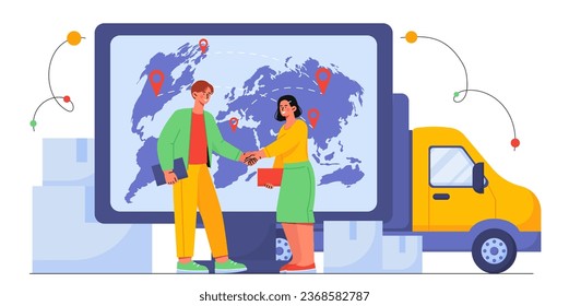 People with global trading concept. Man and woman shake hands against backdrop of world map. Business interaction and partnership. Collaboration and cooperation. Cartoon flat vector illustration