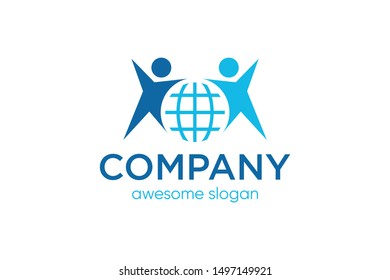 people and globe concept, technology logo template, web vector illustration