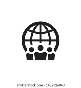 People And Globe - Web Black Icon Design. Social Media Community Concept Sign. Teamwork Friendship Symbol. Vector Illustration. 