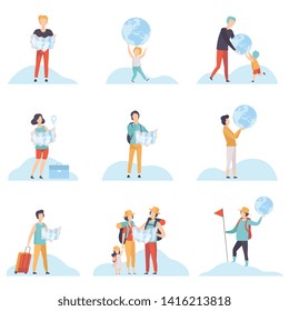 People with Globes and Maps Set, Men, Women and Kids Holding Earth Globe and Map Vector Illustration