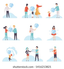 People with Globes and Maps Set, Men, Women and Kids Holding Terrestrial Globe and Map Vector Illustration