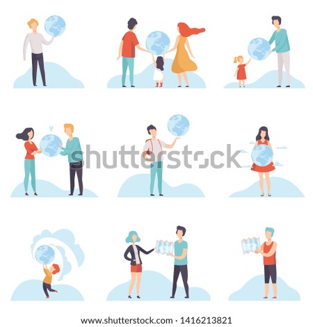 People with Globes and Maps Set, Men, Women and Kids Holding Terrestrial Globe and Map Vector Illustration