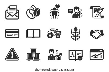 People, Gluten free and Friendship icons simple set. Website statistics, University campus and Book signs. Business growth, Agreement document and Credit card symbols. Flat icons set. Vector