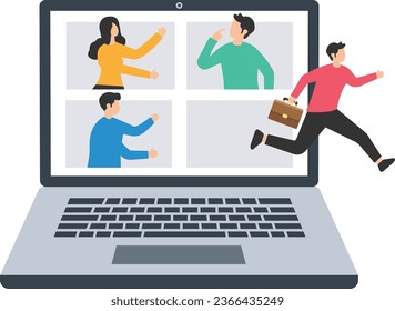 People go back to work in the office, End remote working and return to work face to face, Jumping from remote video calls, Running back to work in the office

