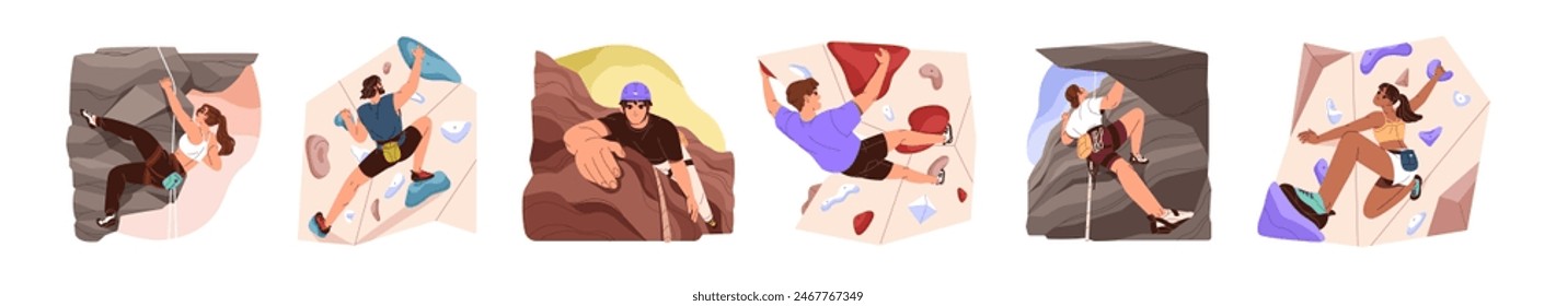 People go bouldering indoor and outdoor set. Young men and woman does extreme sport. Climbers training on rock climbing gym, cliff wall. Flat isolated vector illustrations on white background