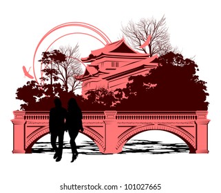 people go by the bridge near the Chinese houses