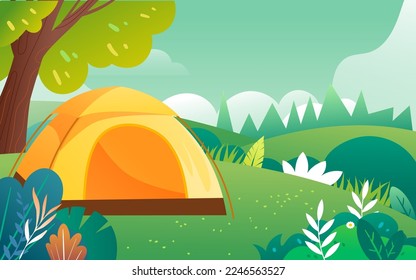 People go camping outdoors in spring with forest trees and lawn in the background, vector illustration