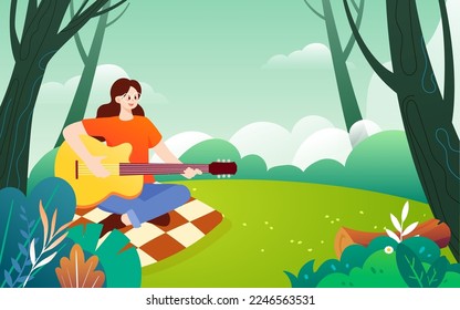 People go camping outdoors in spring with forest trees and lawn in the background, vector illustration