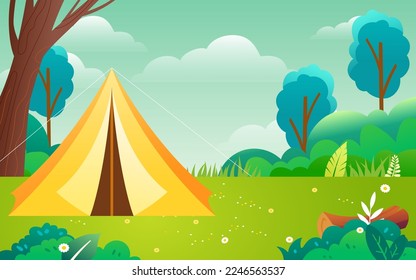 People go camping outdoors in spring with forest trees and lawn in the background, vector illustration