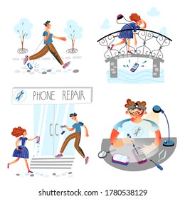 People go to cellphone repair service. Man and woman dropped phone on ground, in water. Guy and girl with broken smartphone standing near glass door. Repairman sitting at table and working. Vector set
