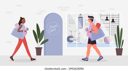 Die Leute gehen zum Fitnesscenter, um sportliche Übungen zu machen, eine gesunde Lifestyle-Vektorgrafik. Cartoon sportliche Frauen Mann Charaktere, die Wasserflasche und Fitnessbeutel halten, gehen zum Training auf Gymnastikhintergrund